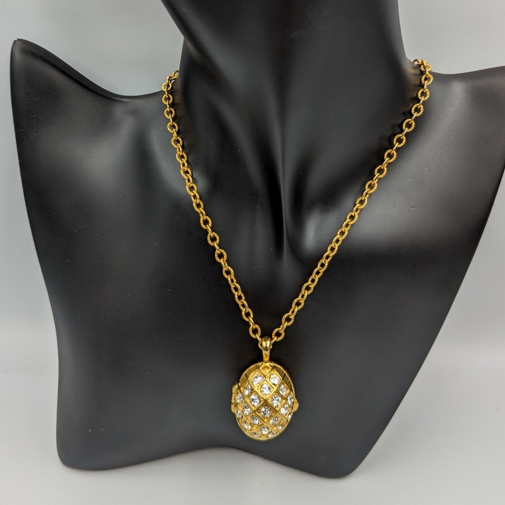 Joan Rivers Pave Crystal Egg Charm Locket Necklace Gold Tone 30" Chain With Bee
